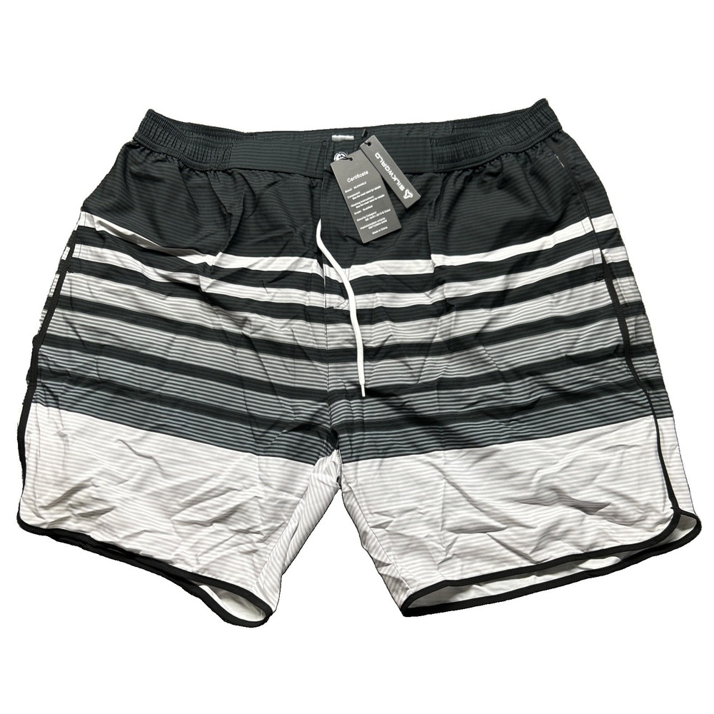 Silk World Mens Swimming Trunks Swimsuit 3XL Striped Black Grey Beach